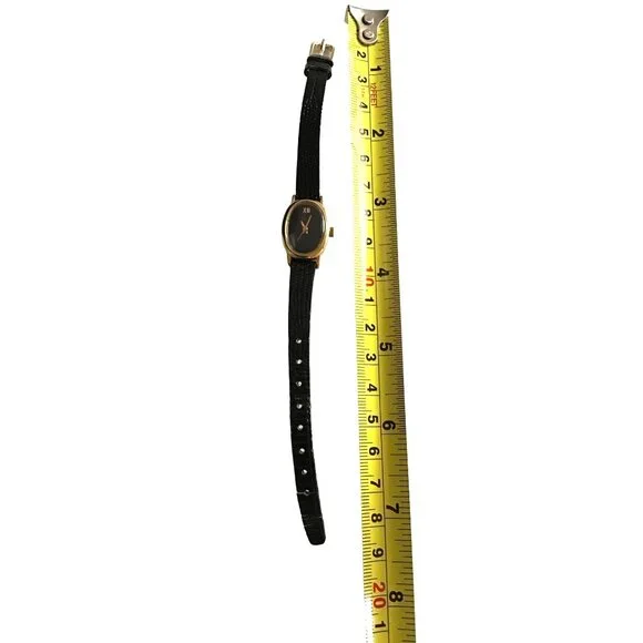 Vintage Timex Womens Black Leather Strap Gold Oval Face Watch display picture 3